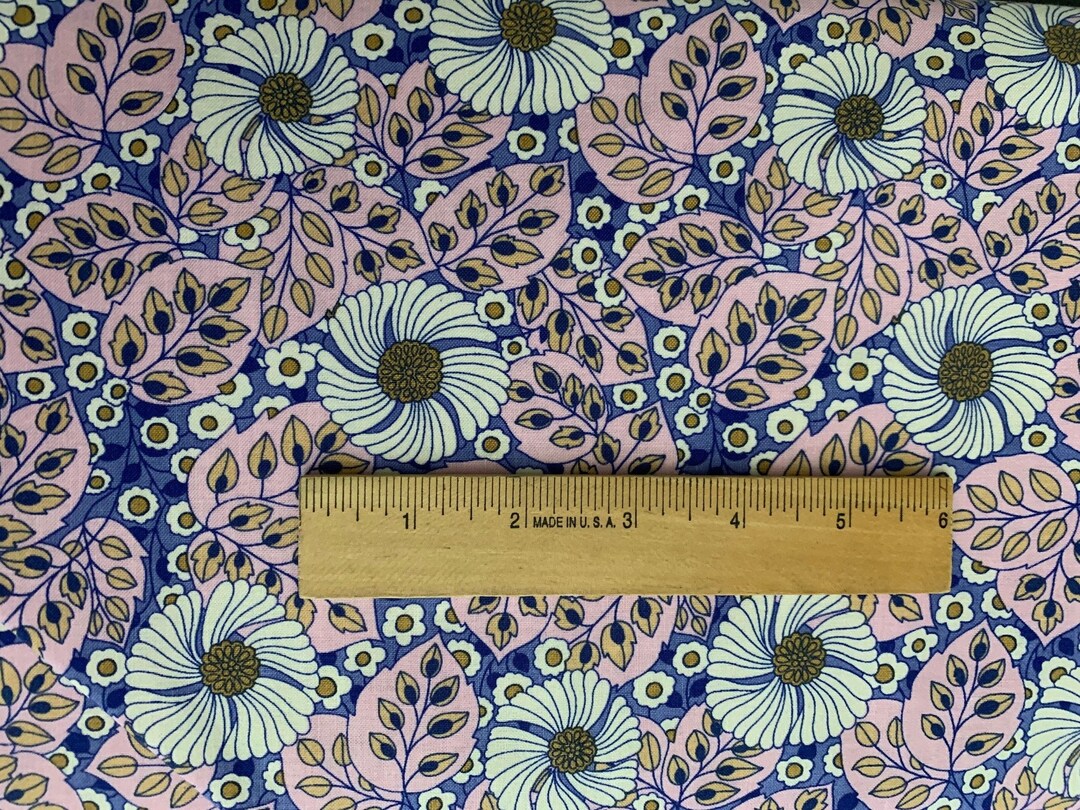 Floral Cotton Fabric: White Flowers, Pink & Tan Leaves, Purple ...