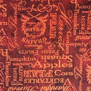 Orange Fall Harvest Words on Red Background, Thankful Harvest by Wilmington Prints, 100% Cotton
