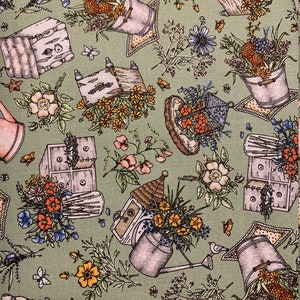 Watering Cans, Birdhouses and Flowers on Light Green, Garden Stroll by Maywood Studio, 100% Cotton