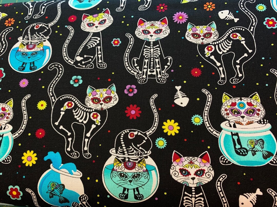 Day of the Dead Whimsical Skeleton Cats and Fish Bowls on Black ...