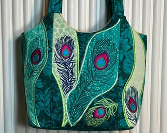 Purse Peacock feathers embroidered on greens and teal background, lightweight, int pockets, snap closure, shoulder handbag, fabric