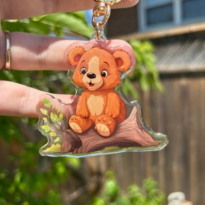 Cute Bear on a Log Acrylic Keychain, Epoxy Charm, Cottagecore, Teddy Bear