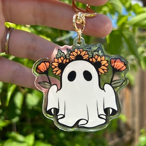 Portachiavi acrilico fantasma fiore - retrò, Halloween, resina epossidica, regalo carino