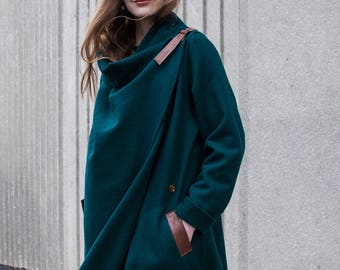 Dark Green Cashmere Blend Coat With Wrap Collar and Genuine