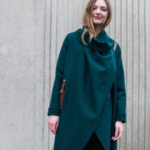 Dark Green Cashmere Blend Coat With Wrap Collar And Genuine Leather Pockets / Transitional Boho Glam Wrap Jacket Oversized Draped One Size image 4