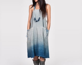 TJ Indigo Linen Jumper Apron Dress With Oversized Pockets in Indigo Ombre / Japanese pinafore with shoulder straps / Holiday Christmas Gift