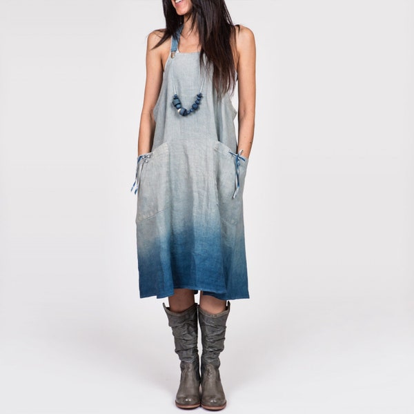 TJ Indigo Linen Jumper Apron Dress With Oversized Pockets in Indigo Ombre / Japanese pinafore with shoulder straps / Holiday Christmas Gift