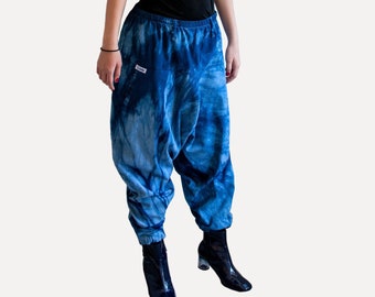 Natural Japanese Indigo Arashi Shibori Hand Dyed Harem Sharwal Pants / Mens Drop Crotch Wide Leg Hippie Pants / Unisex Hipster Fashion