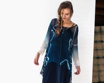 Natural Indigo Shibori Silk Chiffon Tunic / Evening Dark Blue Silk Georgette Blouse