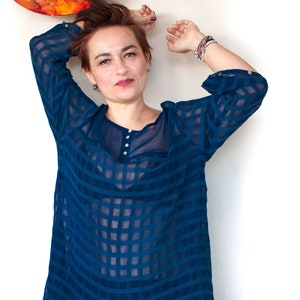 Striped Indigo Blue Sheer Silk Tunic Top / Blue Evening Womens Genuine Silk Top With Long Sleeves / Japanese Indigo One Of A Kind Mini Dress