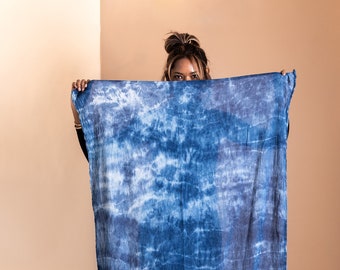 Indigo Shibori Ripples Organic Cotton Scarf Shawl Sarong / Soft Blue and White Beach Holiday Resort Dipped / Mother’s Gift Stocking Stuffers