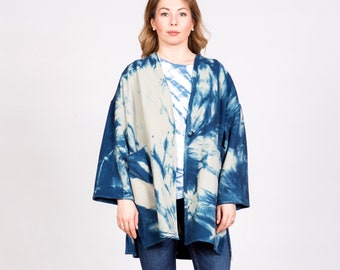 Natural Indigo Shibori Wool Cashmere Boxy Coat With Pockets