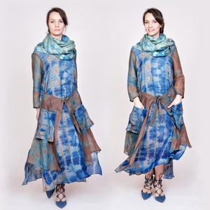 Brown and Blue Maxi Shibori Dress / Hand Dyed Boho Evening Dress / Flowing Shibori Dress