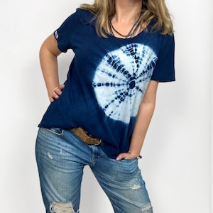 Crewneck Indigo Shibori T-shirt: Organic Cotton Tee, Tree Trunk Design, Natural Indigo Dye