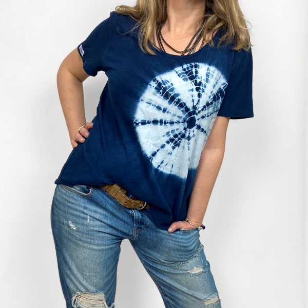 Luxe Organic Bamboo Cotton Crewneck T-shirt Womens Natural Indigo Shibori Tree-trunk Tee / One of a kind Indigo Tie Dye Tshirt