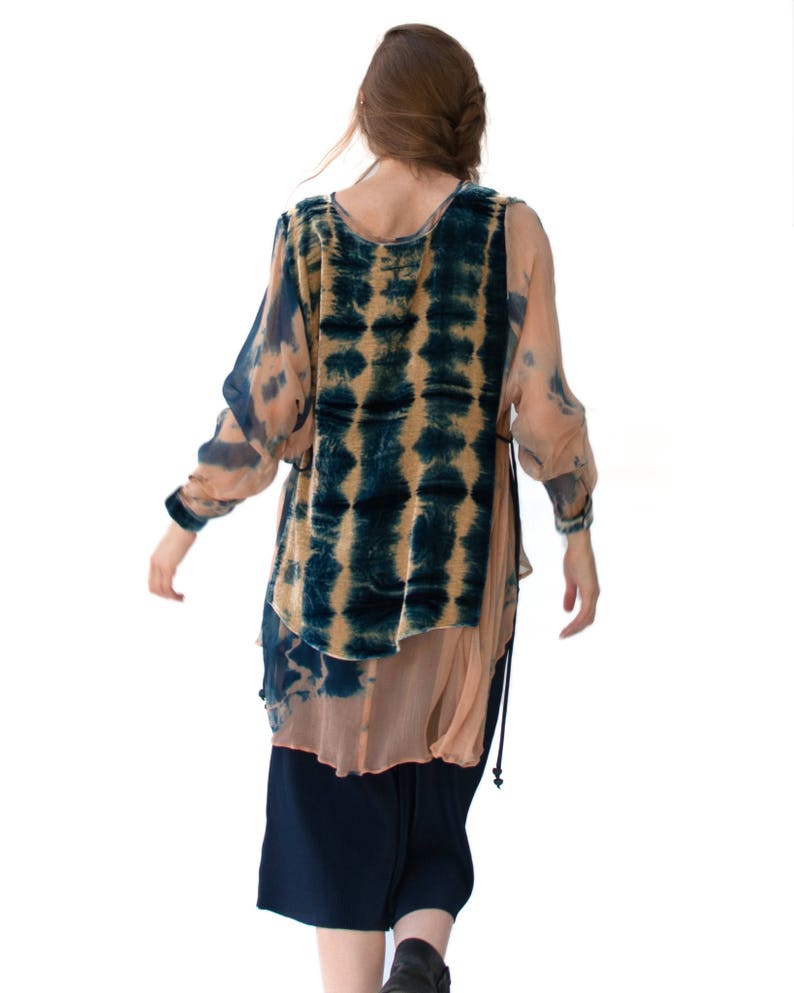 Indigo Silk Velvet Boho Blouse Womens Long Sleeve Shibori Silk Layered Blouse Oversized Silk And Velvet Layered Blouse Tie Dye Blouse