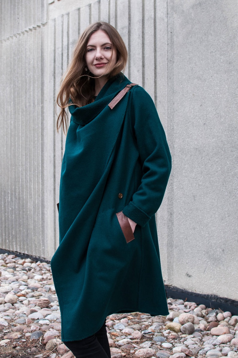 Dark Green Cashmere Blend Coat With Wrap Collar And Genuine Leather Pockets / Transitional Boho Glam Wrap Jacket Oversized Draped One Size image 1