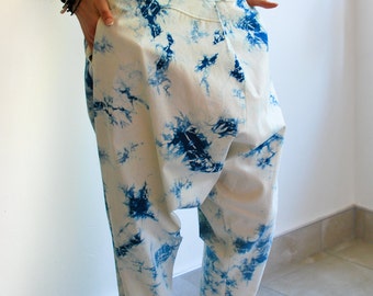Natural Indigo Shibori Harem Pants, Hand made and Hand dyed harem pants, Drop crotch Pants, Women's Fashion