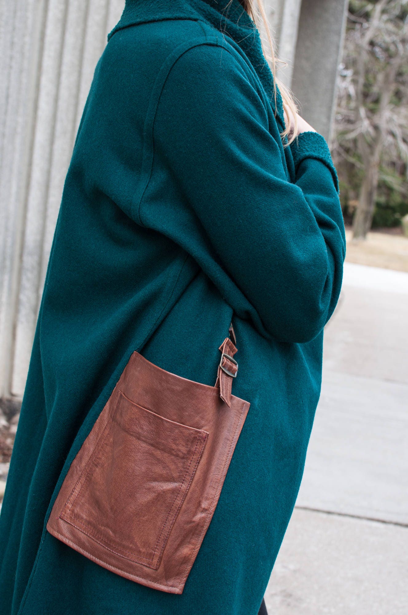 Dark Green Cashmere Blend Coat With Wrap Collar and Genuine