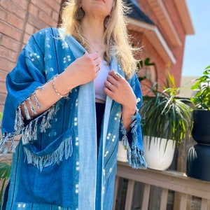 Indigo Shibori Linen Kimono Cardigan: Hand-Dyed Patchwork Duster