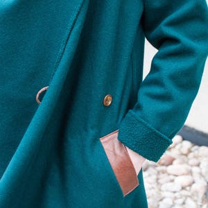 Dark Green Cashmere Blend Coat With Wrap Collar And Genuine Leather Pockets / Transitional Boho Glam Wrap Jacket Oversized Draped One Size image 7