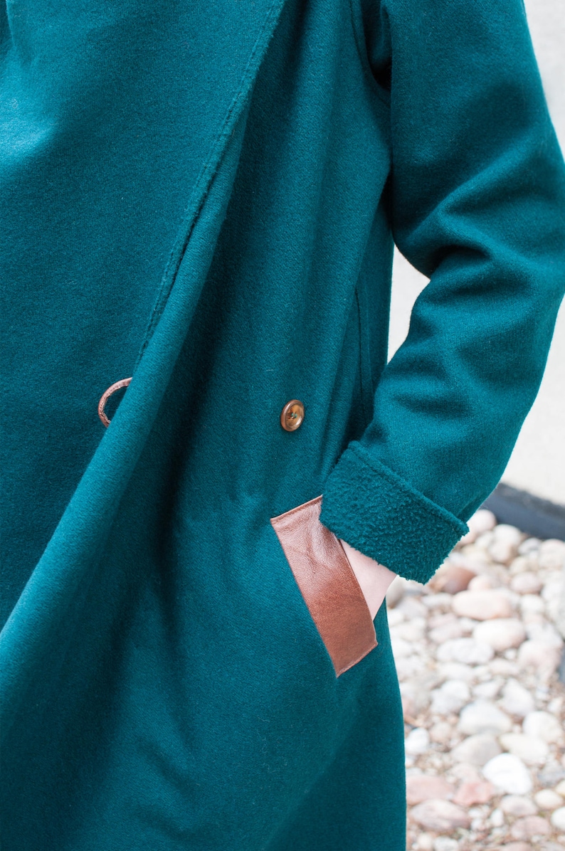 Dark Green Cashmere Blend Coat With Wrap Collar And Genuine Leather Pockets / Transitional Boho Glam Wrap Jacket Oversized Draped One Size image 7