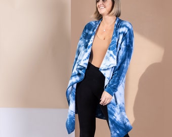 Organic Cotton Fleece Wrap Cardigan in "Under The Sea" Indigo / Light Cotton Jacket Hand Dyed With Plant Indigo / Casual Yoga Loungewear