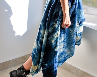 Arashi Shibori Wool Skirt with Asymmetrical Hem / Japanese Indigo Hand Dyed Bohemian Clothing / One of A Kind Midi Bohemian Skirt