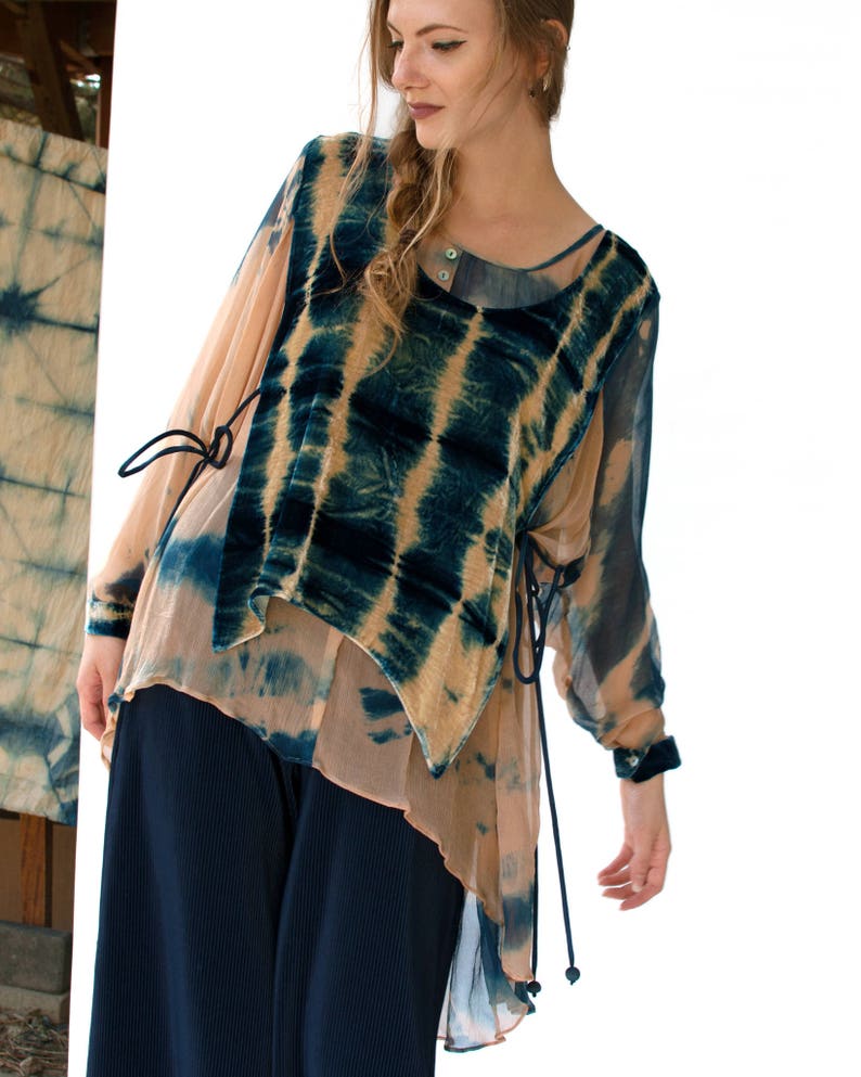 Indigo Silk Velvet Boho Blouse Womens Long Sleeve Shibori Silk Layered Blouse Oversized Silk And Velvet Layered Blouse Tie Dye Blouse