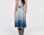 Linen jumper pinafore apron dress with oversized pockets in Indigo Ombre Japanese jumper dress with shoulder straps