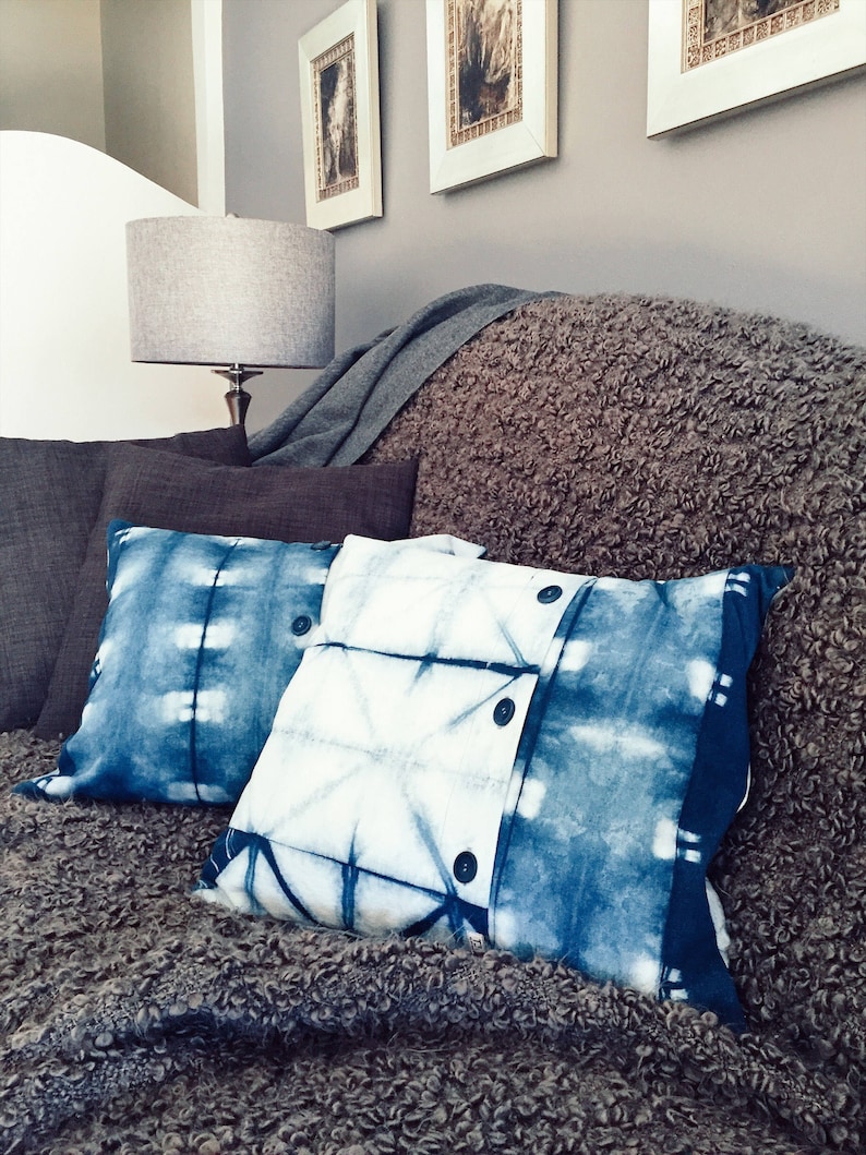 Japanese Indigo Shibori Pillow with Wooden Buttons Indie Boho Chic Decor