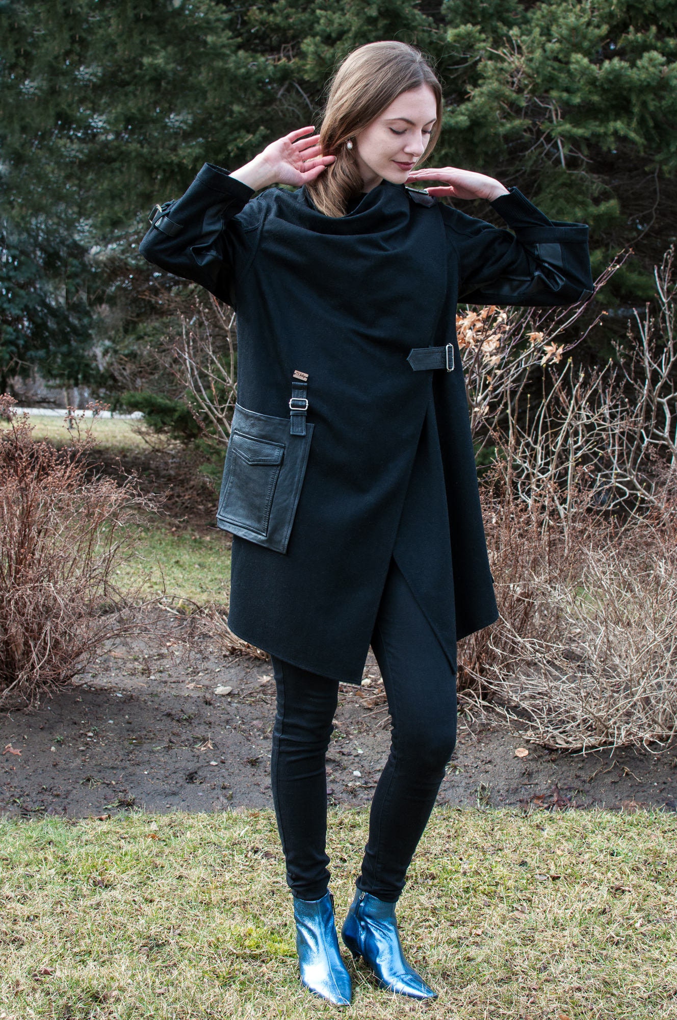 Black Melton Wool Wrap Coat: Leather Detail Asymmetrical Jacket - Etsy