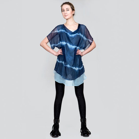 Indigo Shibori Silk Chiffon Tunic Dress: Hand Dyed Layered Blouse