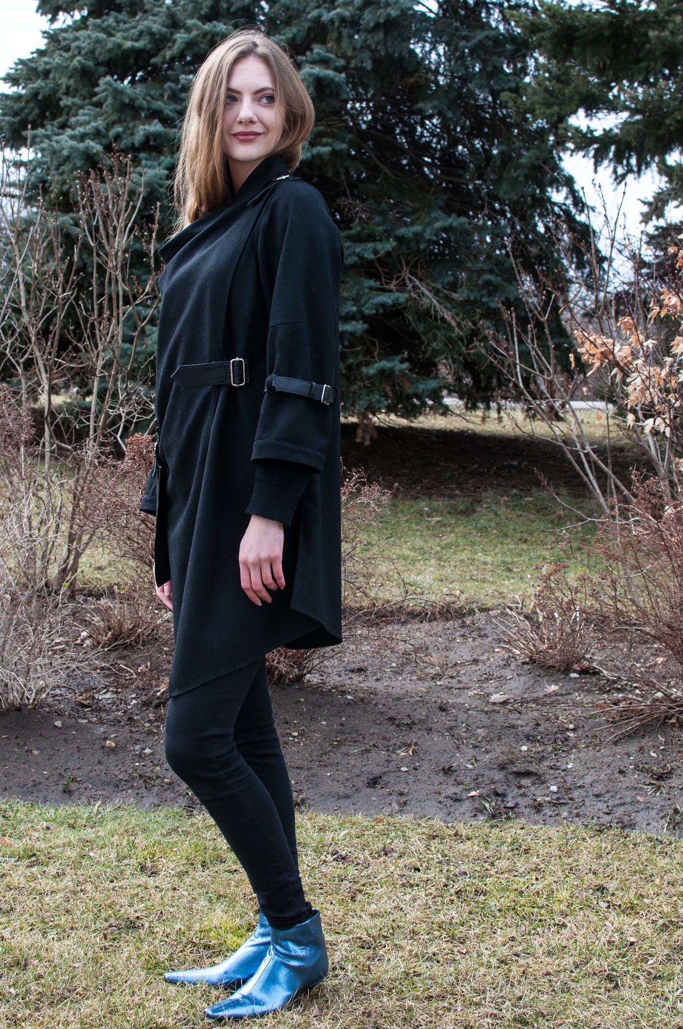 Black Melton Wool Wrap Coat: Leather Detail Asymmetrical Jacket - Etsy