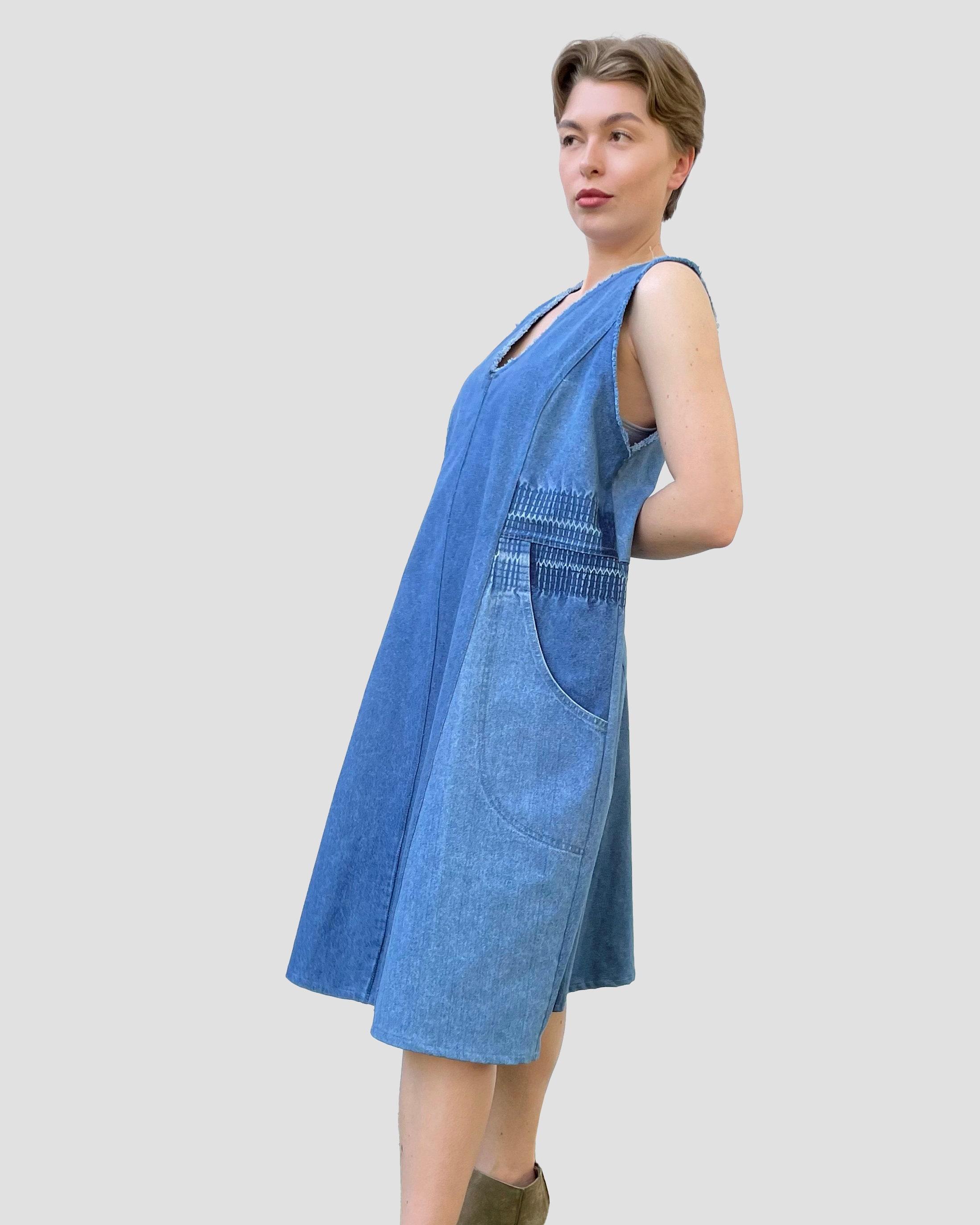 Upcycled Denim Midi Dress: Recycled Jeans Patchwork V-neck