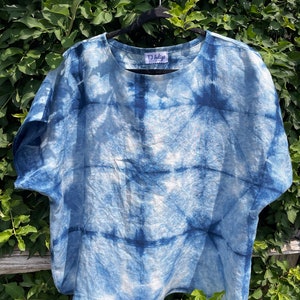 Linen Boxy Blouse Indigo Dyed Origami Shibori Blouse for Women in Oat / Capsule Closet / Natural Boxy Linen Top / Artistic Shirt Blouse