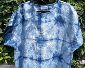 Linen Boxy Blouse Indigo Dyed Origami Shibori Blouse for Women in Oat / Capsule Closet / Natural Boxy Linen Top / Artistic Shirt Blouse