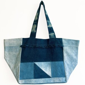 Extra Large Indigo Dyed Canvas Tote Bag: Patchwork Weekender