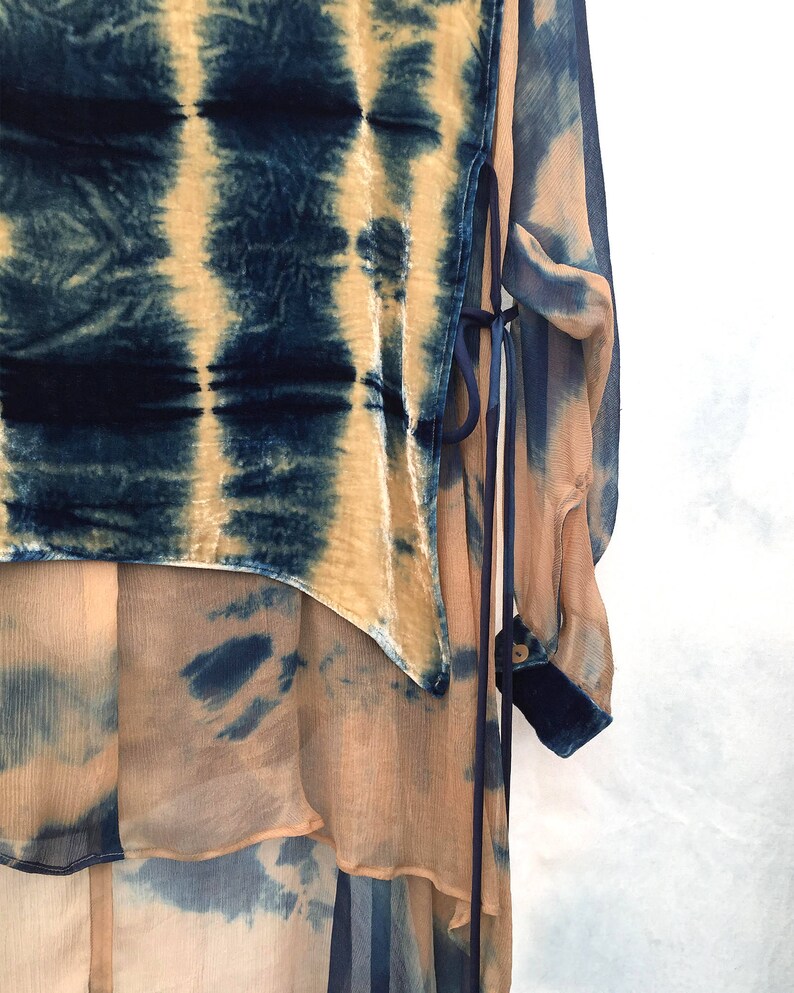 Indigo Silk Velvet Boho Blouse Womens Long Sleeve Shibori Silk Layered Blouse Oversized Silk And Velvet Layered Blouse Tie Dye Blouse