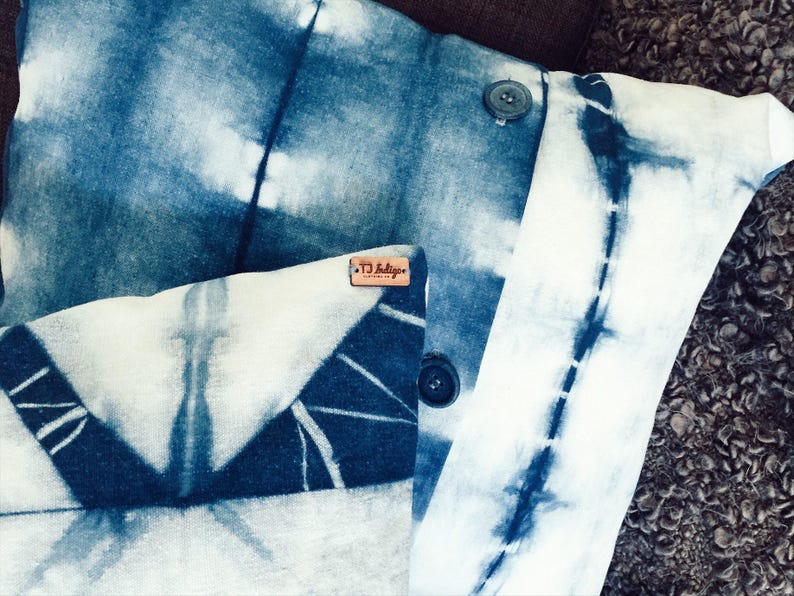 Japanese Indigo Shibori Pillow with Wooden Buttons Indie Boho Chic Decor