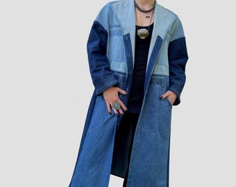 【即完】 Ameri VINTAGE DENIM WORK LONG COAT Upcycled Denim Patchwork Coat: Long A-line Jean Trench With