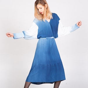 Flowy Shibori V-Neck Ombré Dress With Long Sleeves and Ties / Silk Rayon Midi Evening Dress One Of A Kind Boho White and Blue Tie Dye Dress