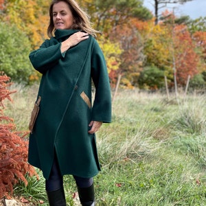 Dark Green Cashmere Blend Coat With Wrap Collar And Genuine Leather Pockets / Transitional Boho Glam Wrap Jacket Oversized Draped One Size image 2