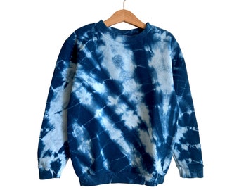 Kids Organic Cotton Fleece Sweatshirt Hand Dyed With Japanese Indigo Dye / Shibori Tie Dye Sweater Top for Boy or Girl / Hipster Eco Child