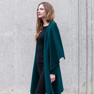 Dark Green Cashmere Blend Coat With Wrap Collar And Genuine Leather Pockets / Transitional Boho Glam Wrap Jacket Oversized Draped One Size image 5