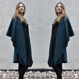 Dark Green Cashmere Blend Coat With Wrap Collar And Genuine Leather Pockets / Transitional Boho Glam Wrap Jacket Oversized Draped One Size image 3