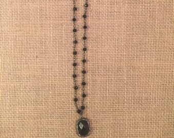Black beaded chain necklace with soldered druzy
