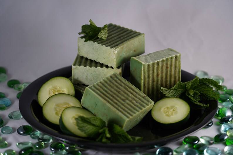 Cucumber Mint Soap Bar, Spearmint, All Natural, Relaxing, Handcrafted Naturally Cooling, Exfoliation. Palm Free image 2