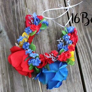 Corona azul, roja y amarilla, corona de flores grandes, corona de rosa azul, corona de rosas, corona de maternidad, corona ajustable, corona de inspiración mexicana