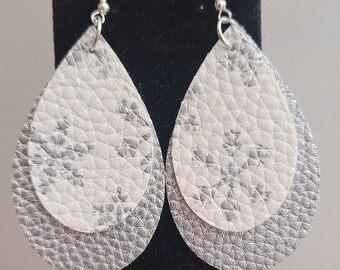 Christmas Faux Leather Earrings Snowflake Silver and White